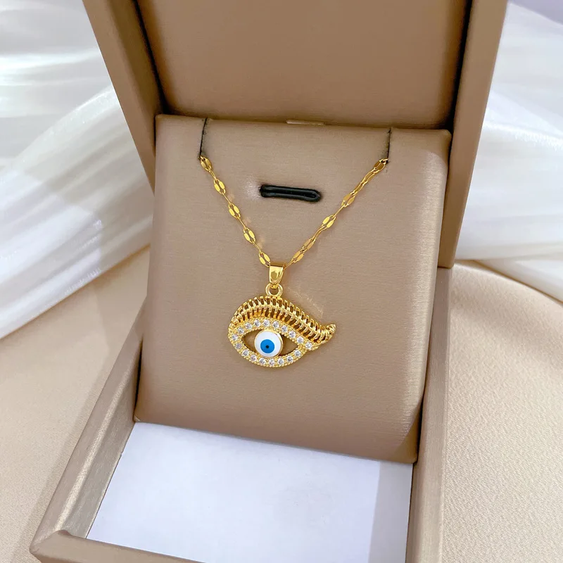 Zircon Blue Evil Eye Necklaces For Women Gold Plated Stainless Steel  Eyelashes Eyes Necklace Christmas Party Jewelry Gift