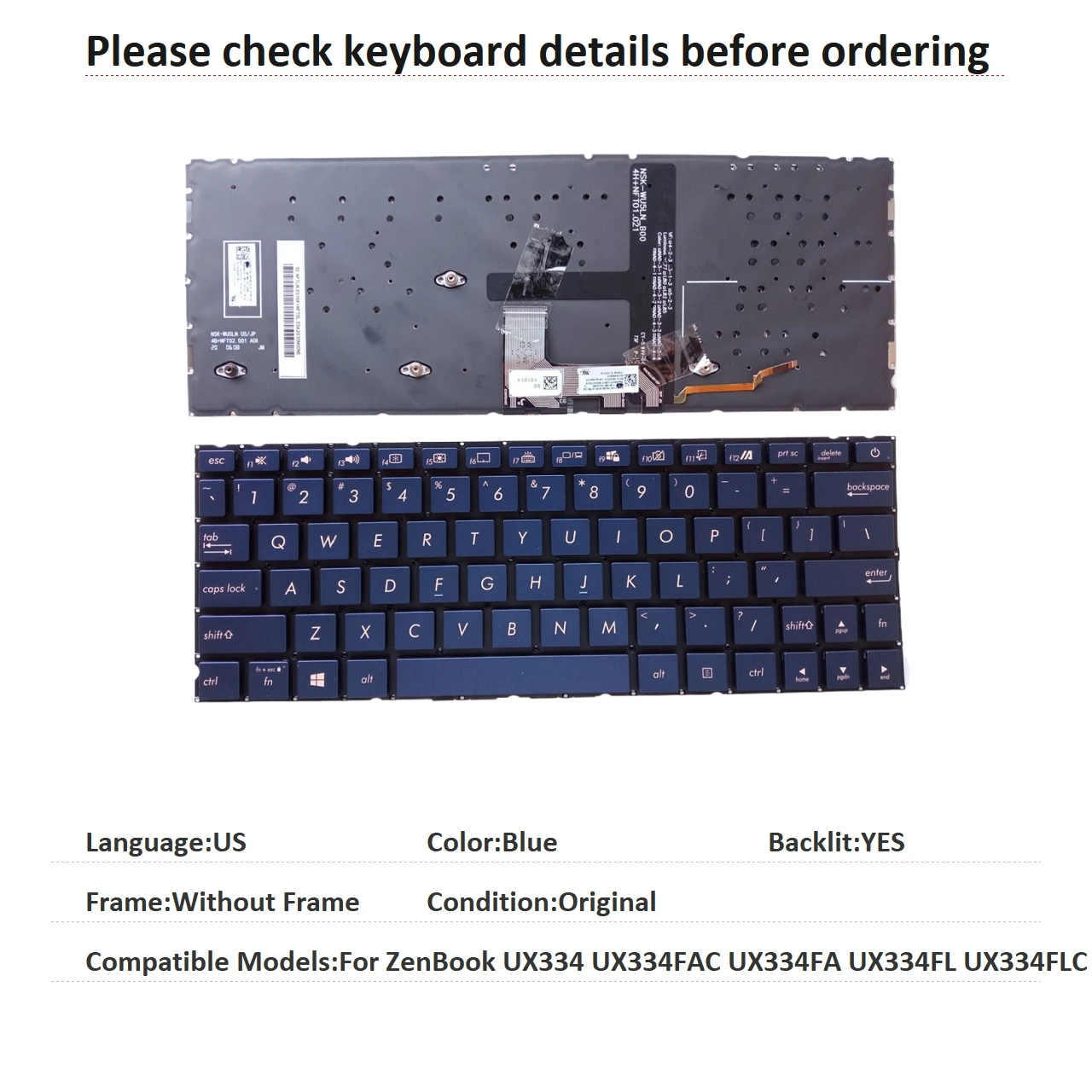 New US Language  Backlit Keyboard For ASUS ZenBook UX334 UX334FAC UX334FA UX334FL UX334FLC Notebook PC Replacement Keyboard
