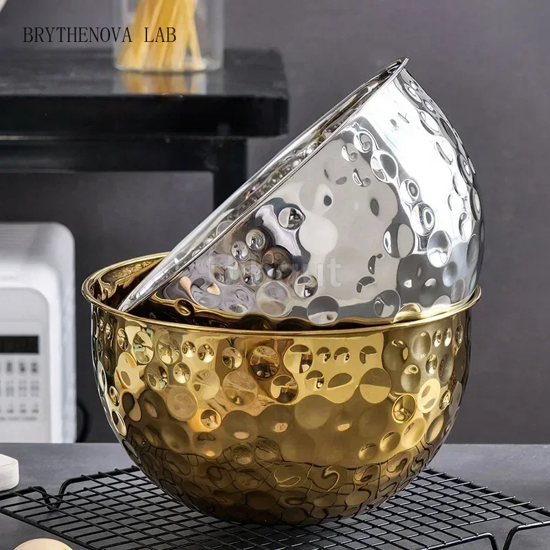 Gold /Silver Stainless Steel Hammer Point Fruit Bowl Salad Plate Egg Pot Round Mixing Baking Cooking Bowl Creativedecoration