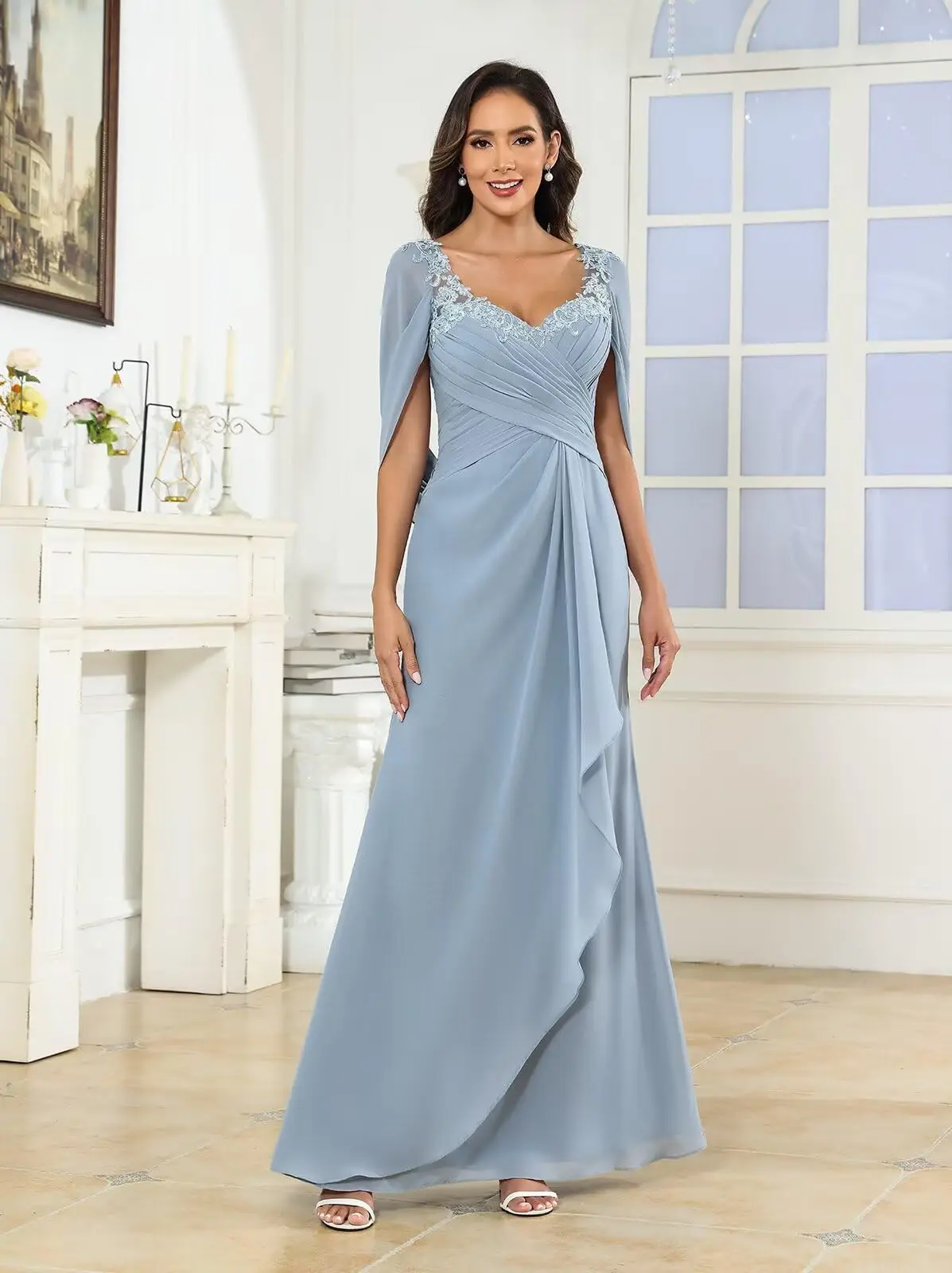 

Mermaid Lace Mother of The Bride Dresses Long for Women Cape Sleeves Ruffles Chiffon Formal Evening Dress