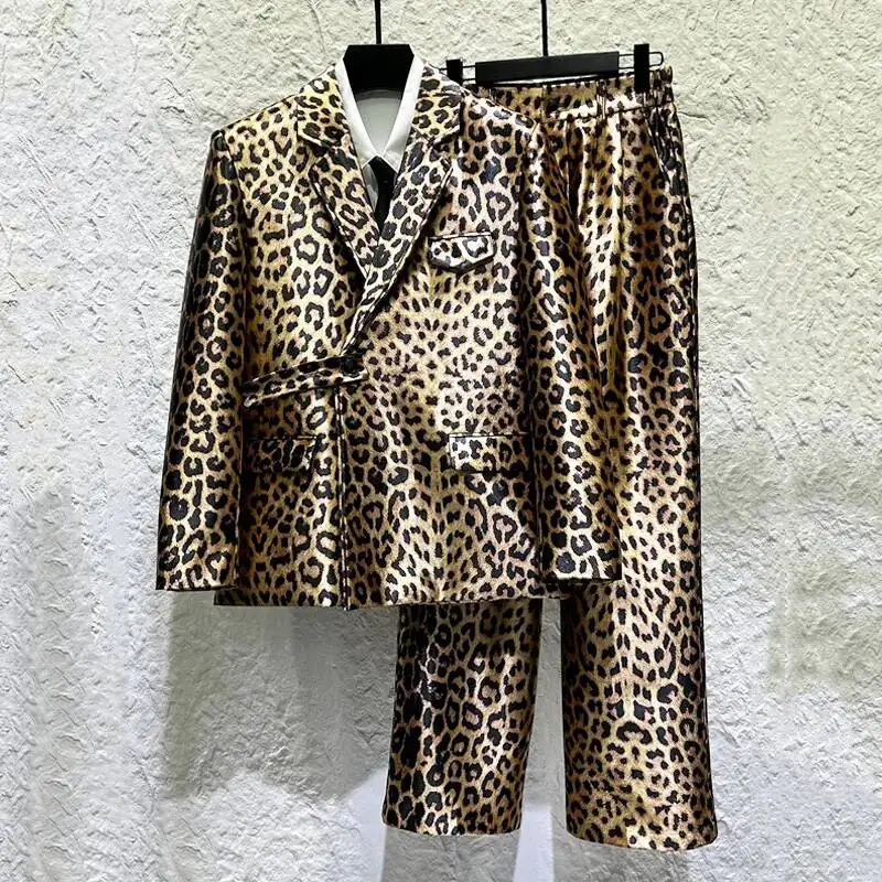 Male Niche Desigh Leopard Print Set Turn-down Collar Single Button Blazer Straight-leg Pants Contrast Color Suit ZSV5