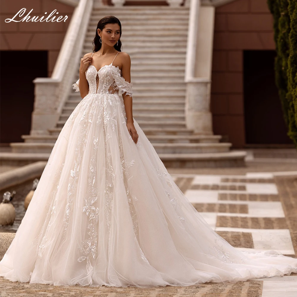 

Lhuillier Customized A Line Lace Wedding Dresses Spaghetti Straps Beaded Bridal Dress with Chapel Train