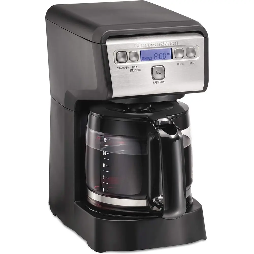 

Hamiton Beach 12 Cup Compact Progmable Drip Coee Maker with No-Drip Burosilicate Glass Carae, 2-Hour Auto Shuto, Space-Saving De