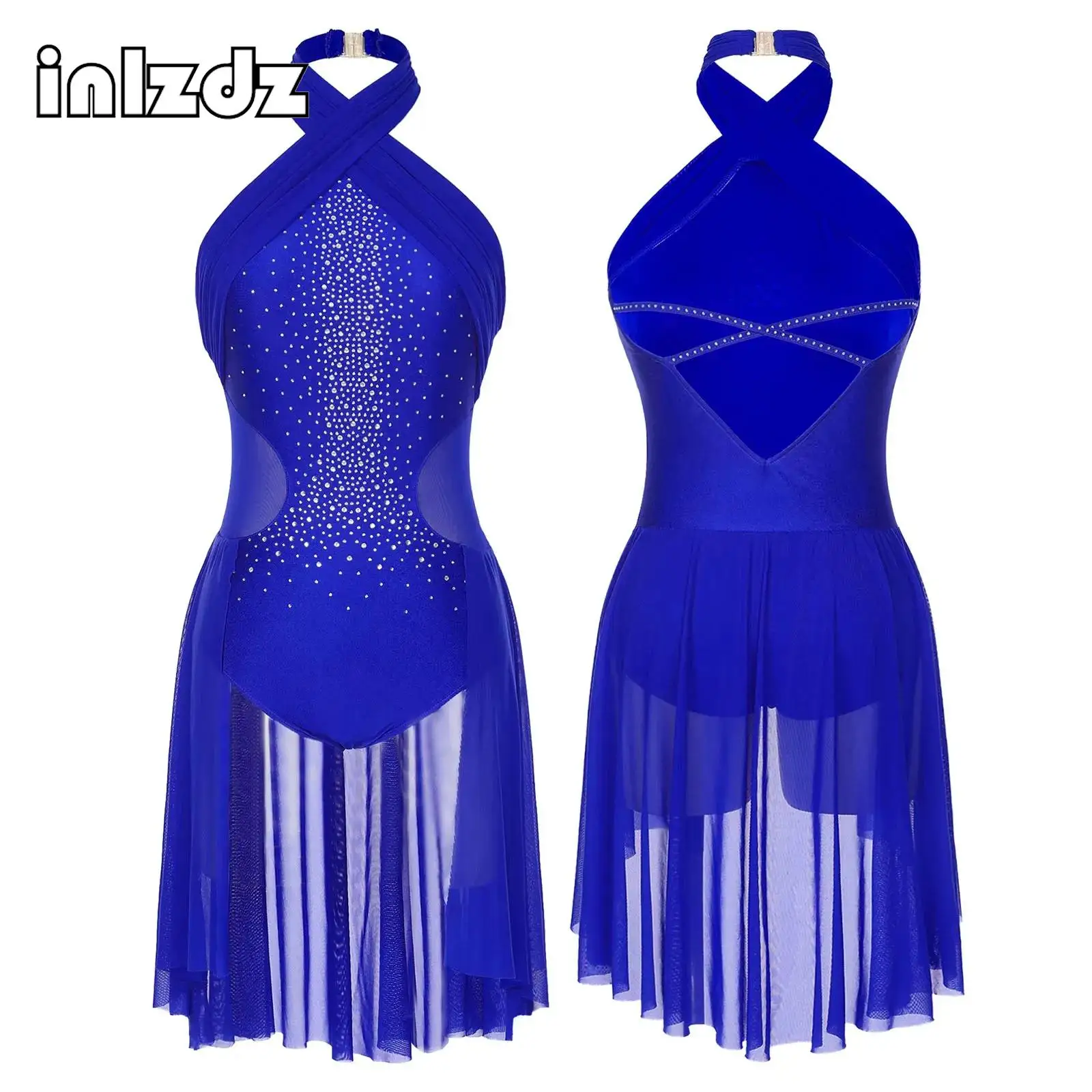 

Womens Ballet Lyrical Dance Costume Halter Sleeveless Sheer Mesh Rhinestones Gymnastics Leotard Dress Figure Skating Dancewear