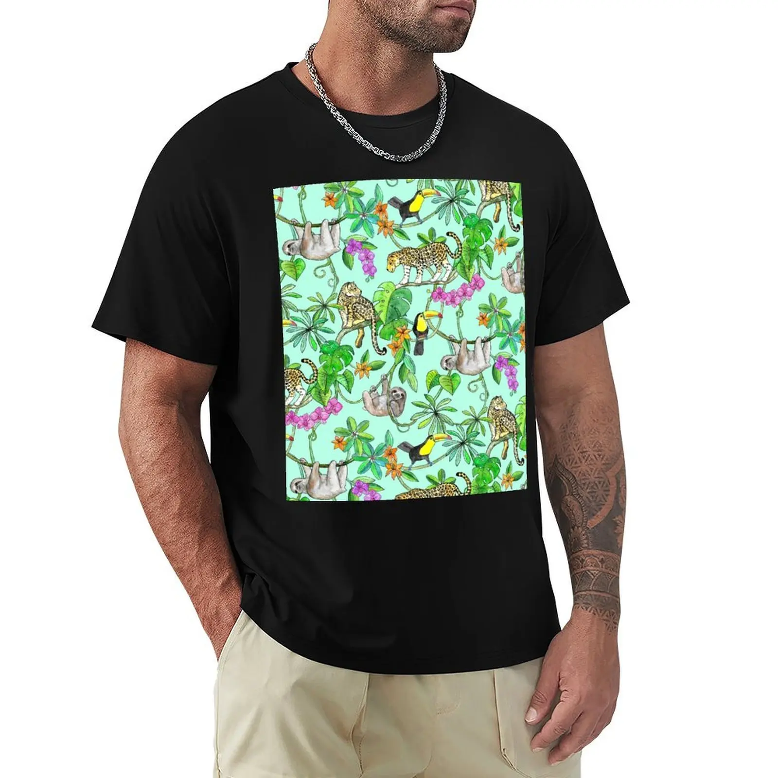 Rainforest Friends - watercolor animals on mint green T-Shirt Summer Print Short Sleeve Tee