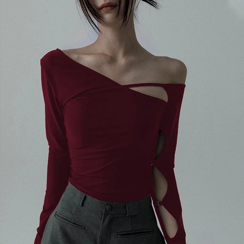 Criptográfico-Top de manga comprida feminino, moda assimétrica, streetwear elegante, magro, sexy, oco fora, roupas chiques, roupas, Y2K