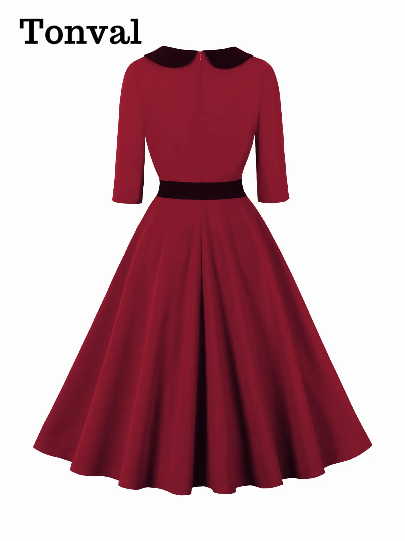 Tonval Sweetheart Neckline Buttons Elegant Burgundy Red Long Dresses 3/4 Length Sleeve Autumn 2024 Women Vintage Swing Dress