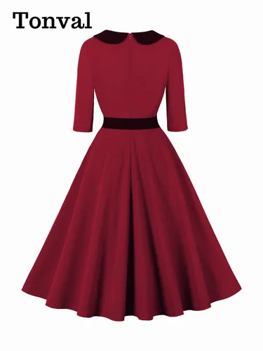 Imagen 2 del producto Tonval escote corazón botones elegante Borgoña rojo vestidos largos manga 3/4 otoño 2024 mujeres Vintage Swing vestido