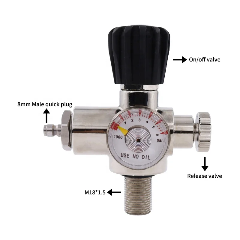 2023 Hot sale Air tank regulator Co2 cylinder On/off valve High pressure gauge 6000 psi M18*1.5 to 8mm male quick plug