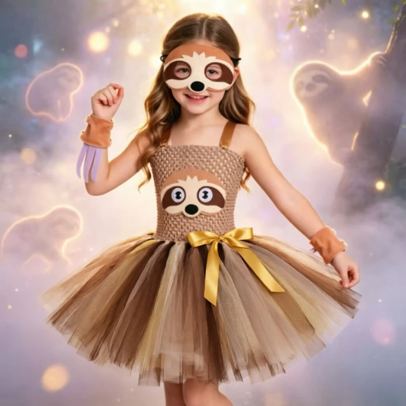 Cute Sloth Girls' Tutu Skirt Festival Performance Dress-up Children's Clothing Set Halloween and Christmas Performance Clothese