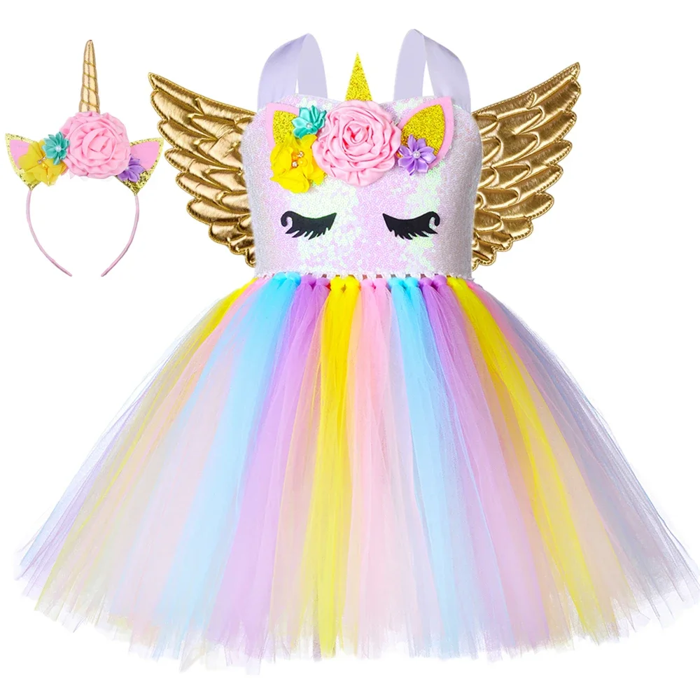 パステルスパンコールユニコーンチュチュドレス女の子用フラワーチュールプリンセスドレスアップ子供ハロウィンカーニバル誕生日パーティーユニコーン衣装