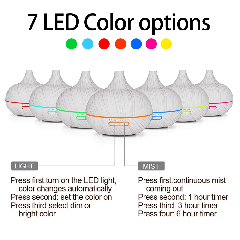 جهاز ترطيب الهواء بالرذاذ البارد بالموجات فوق الصوتية بجهاز تحكم عن بعد، 500 مل، موزع روائح عطرية من الخشب الأبيض - مصباح LED 7 ألوان للمكتب المنزلي