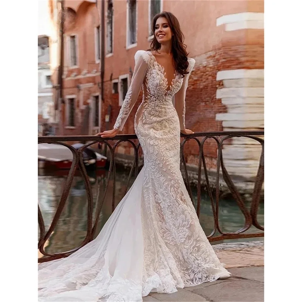 Mermaid Princess Wedding Dress V  Neck Lace Long Sleeves Bridal Gown Appliques Bead Sweep Train Bride DressDe Novia Customized