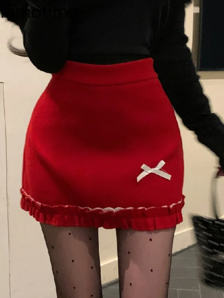

Sweet Red Bow Skirt Women Fashion Party High Waist A Line Ruffled Mini Skirts Slim Fit All Match Falda Aesthetic