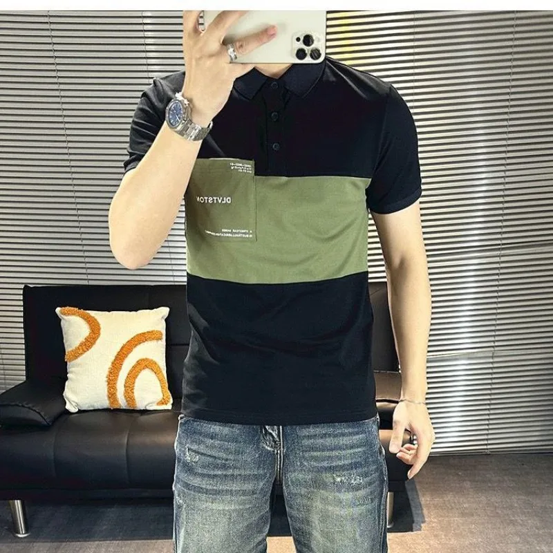 New Men\'s 2024 Summer Pullover Polo Shirt with Patchwork Buttons Contrast Color Pocket Slim All Match Short Sleeved T-shirt Tops