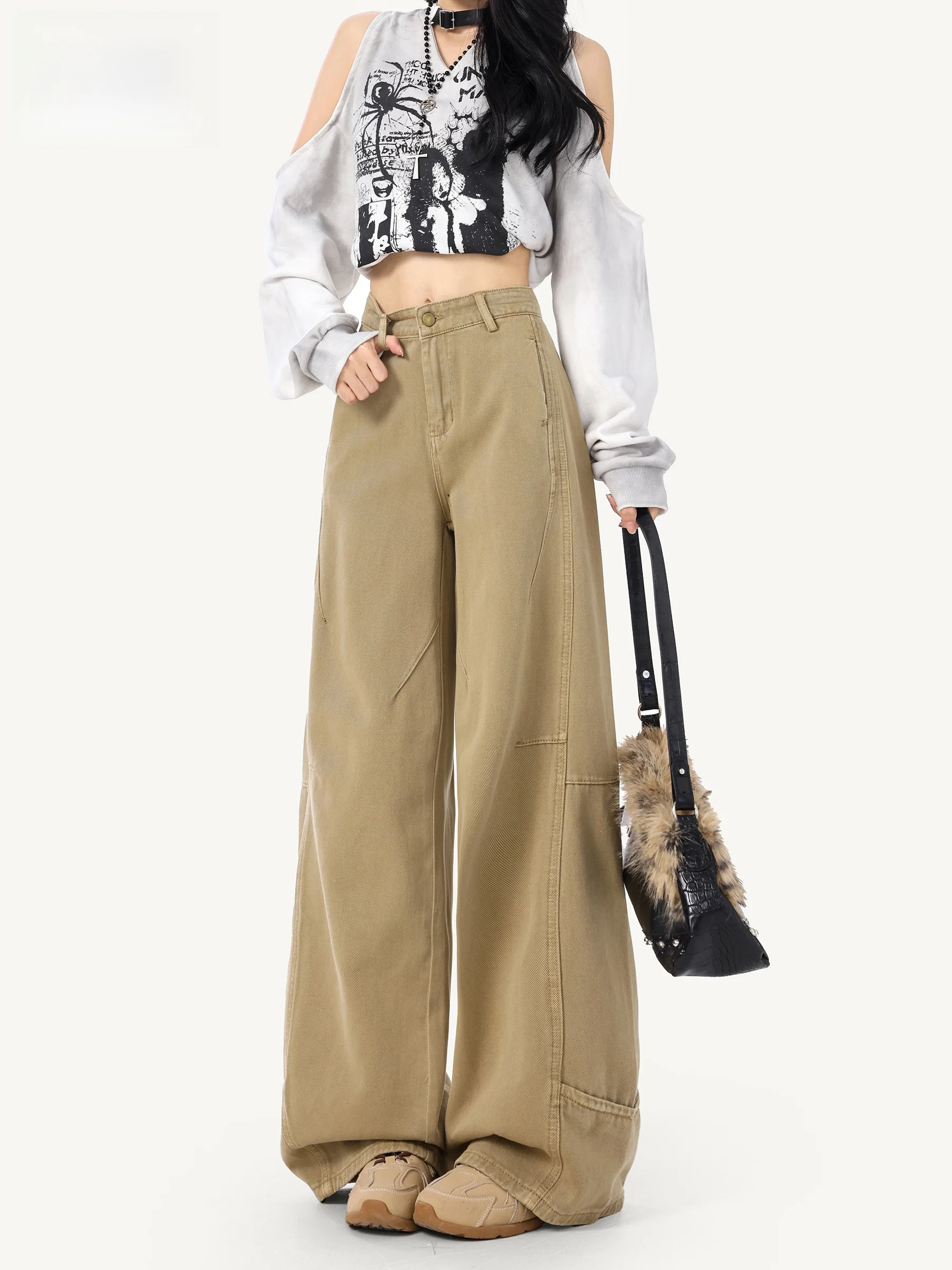 

Женские джинсы цвета хаки с высокой талией, широкими штанинами, свободного кроя, с эффектом стройности, с декоративными элементами, в повседневном стиле, на пуговицах, из хлопкового материала