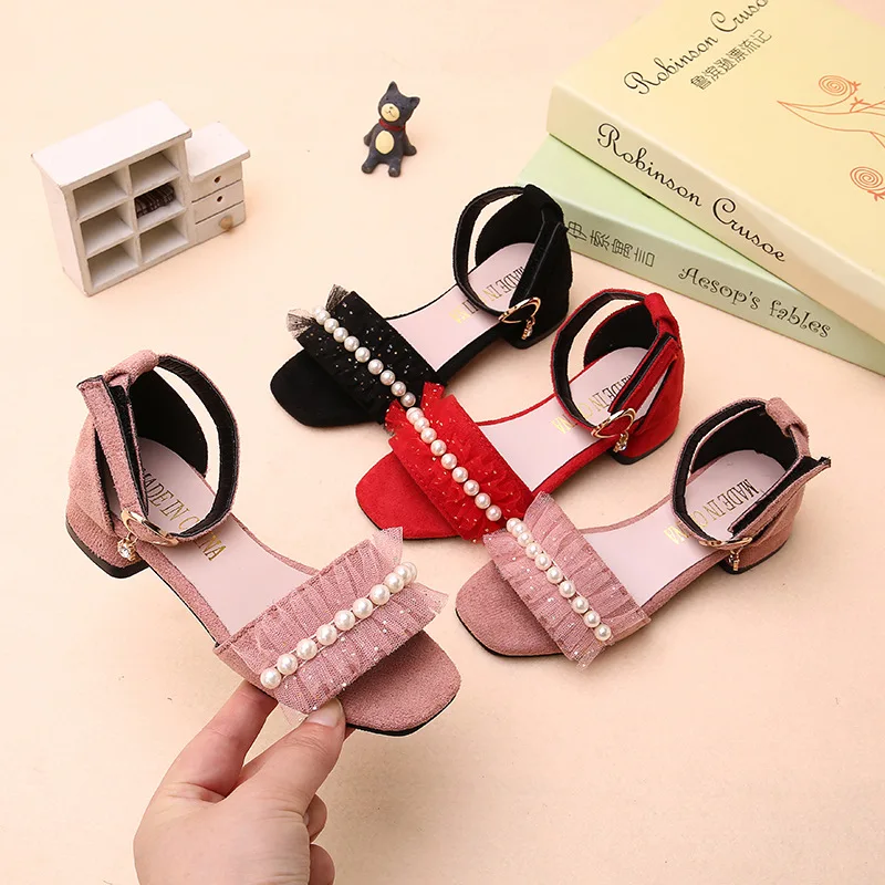 Girls Sandals Summer Shoes Cute Pearls Roman Shoes Pink Black Beading Open-toe Kids Fashion Girls Party Sandals Kids Shoes Chic