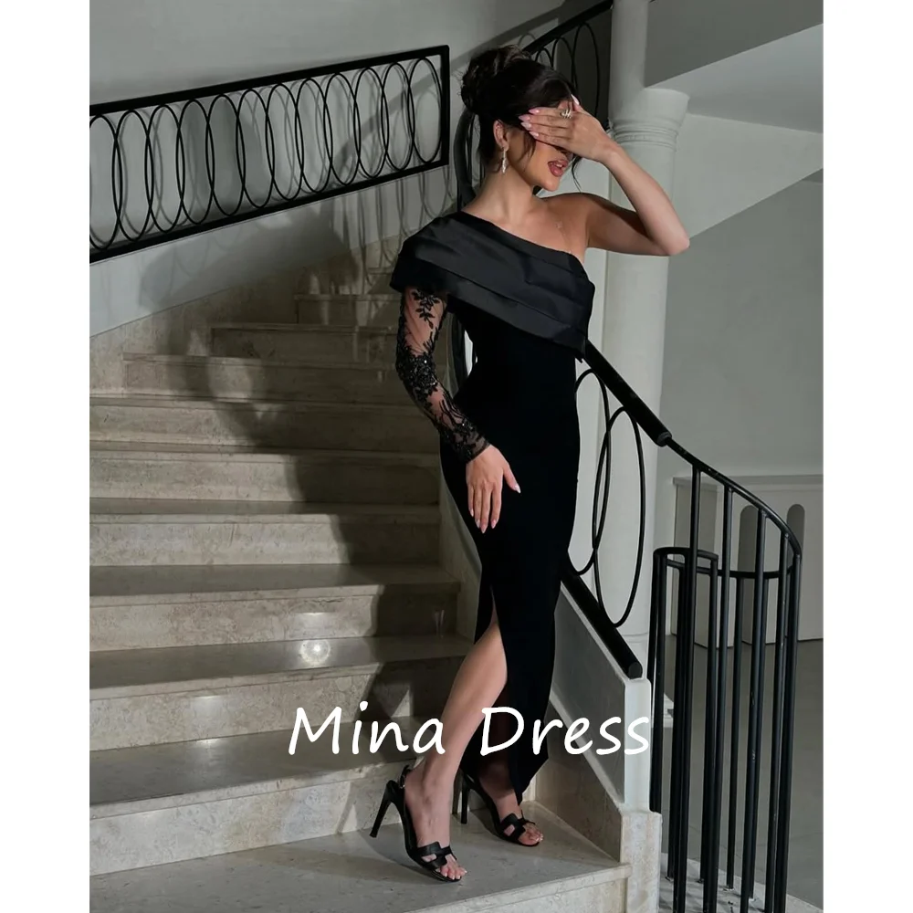 

Mina custom lace flower Arabian evening dress luxury evening dress 2025 oblique shoulder one shoulder sleeve party dance