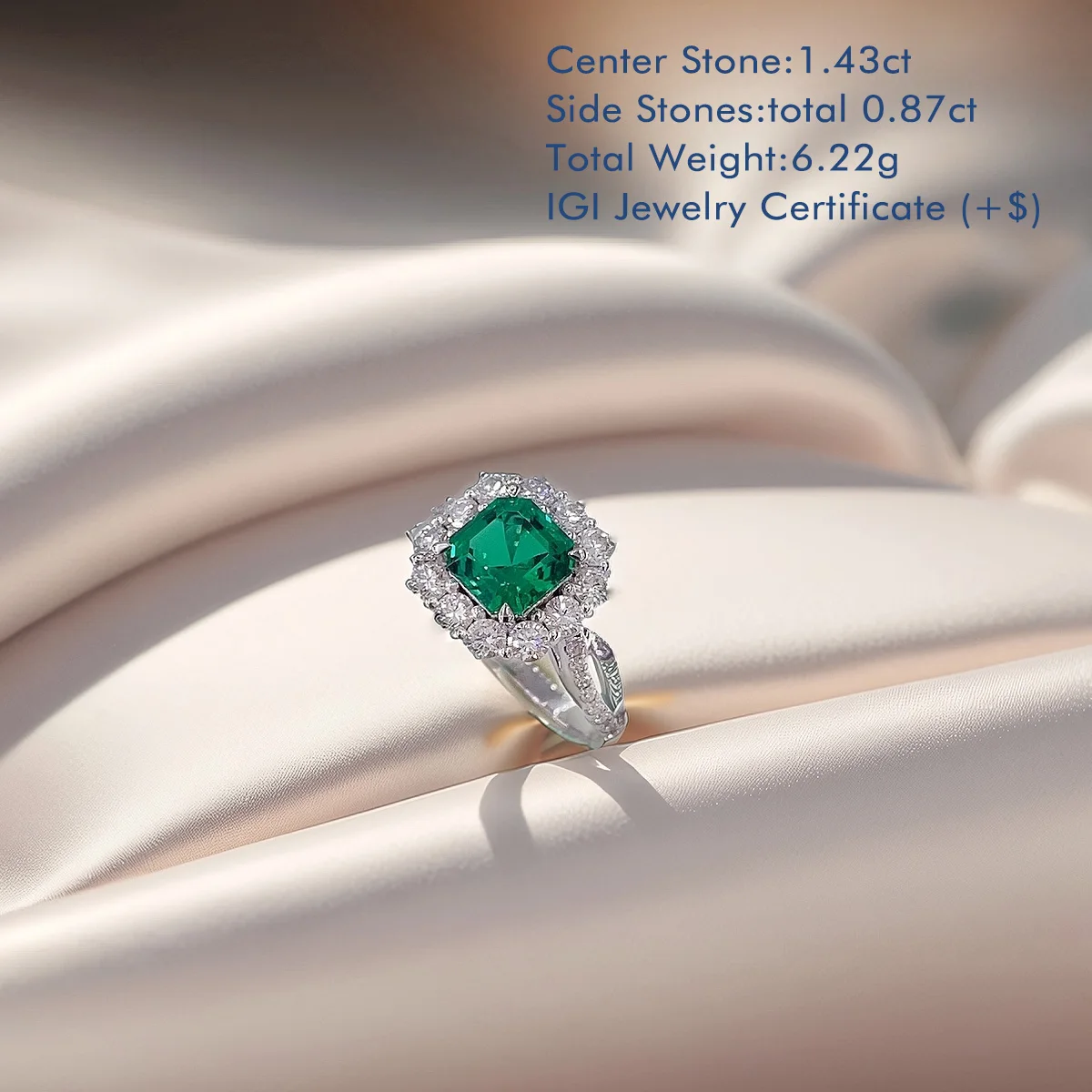 Halo Style Lab Grown Emerald Engagement Ring 1.45ct Emerald-Cut Center Stone in PT950 Platinum Wedding Jewelry for Women