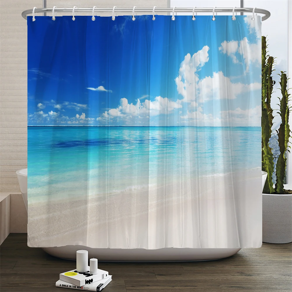 Seaside Shower Curtain Sea Beach Landscape Shower Curtains Water-proof Polyester Bathroom Bath Curtains Room Decor With Hooks