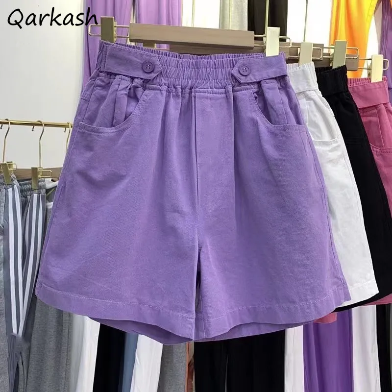 

Purple Shorts Women Elastic High Waist A-line Solid Simple Loose Korean Style Leisure Age-reducing Sweet Girlish Ulzzang Summer