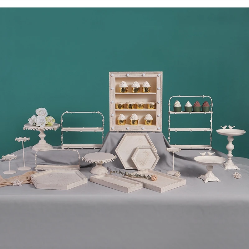 

Европейский винтажный белый железный деревянный десертный стол, подставка для дня рождения, свадьбы, торта, нежный поднос для перерыва чая