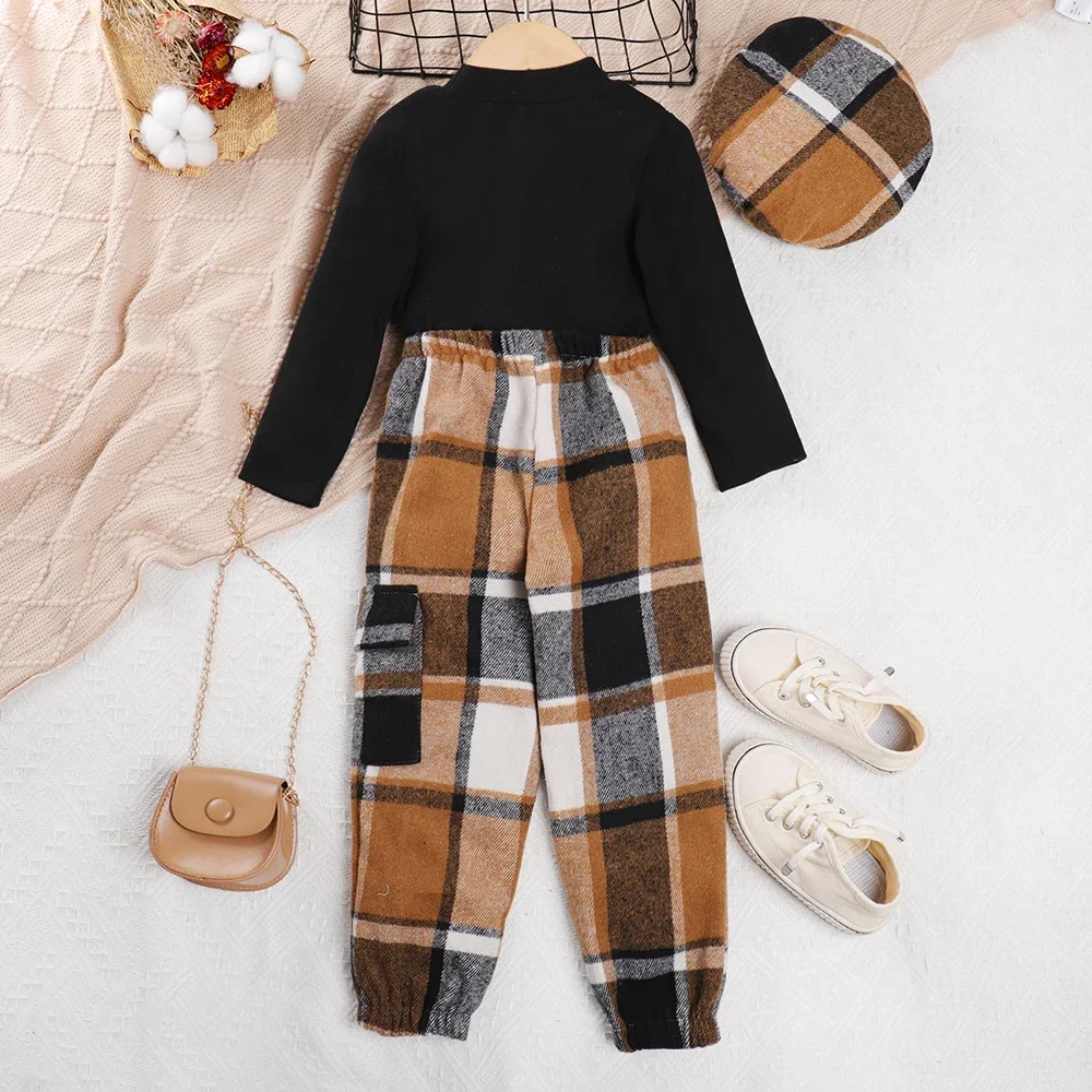 Korean Style Fashionable Checkered Pants+long Sleeved Base Shirt Set with Hat Included Autumn and Winter Promotion