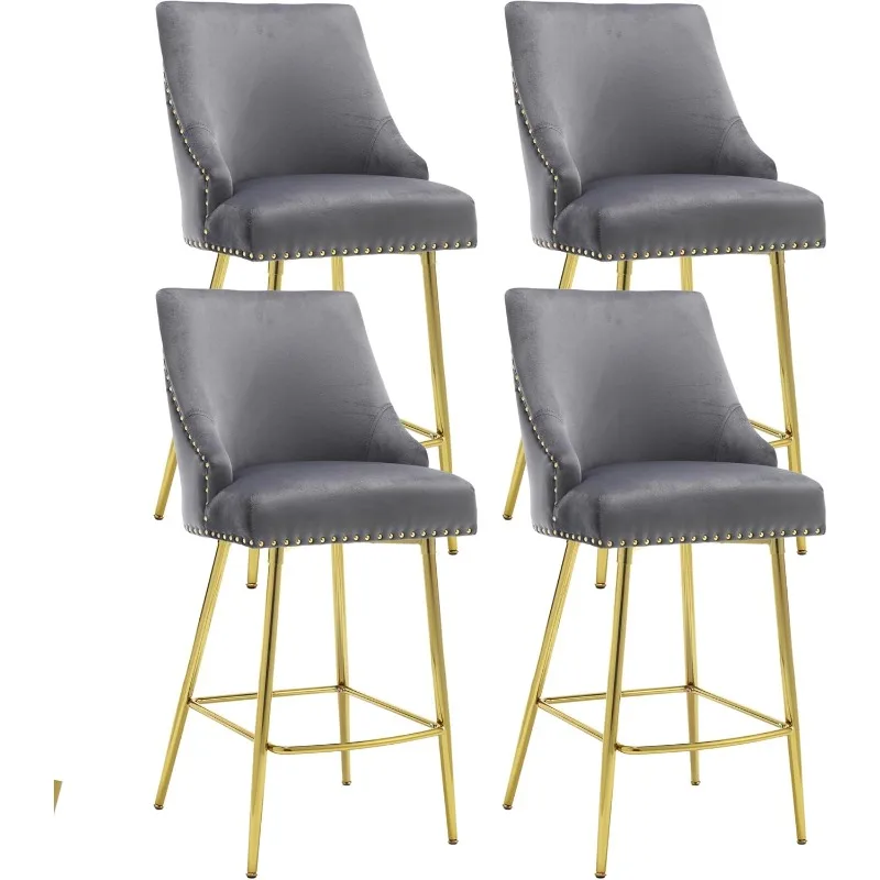 

30 Inches Bar Stools Set of 2, Modern Velvet Upholstered Wingback Barstools with Rivet Trim and Gold Metal Legs & Footrest