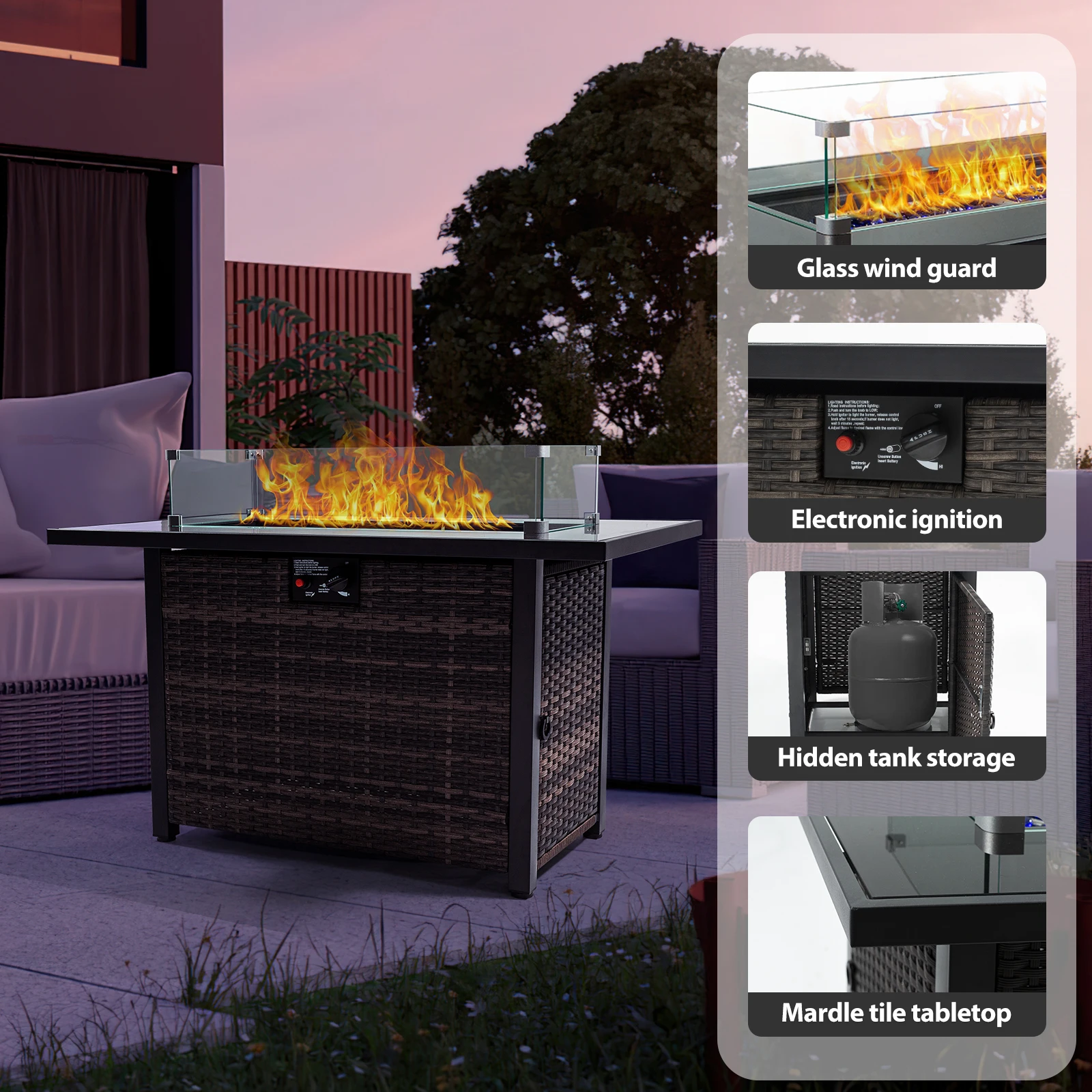 حفرة نار خارجية مقاس 44 بوصة بقدرة 50,000 وحدة حرارية بريطانية من غاز البروبان مع مدفأة بغطاء مع قاعدة من الخوص لحارس الرياح الزجاجية