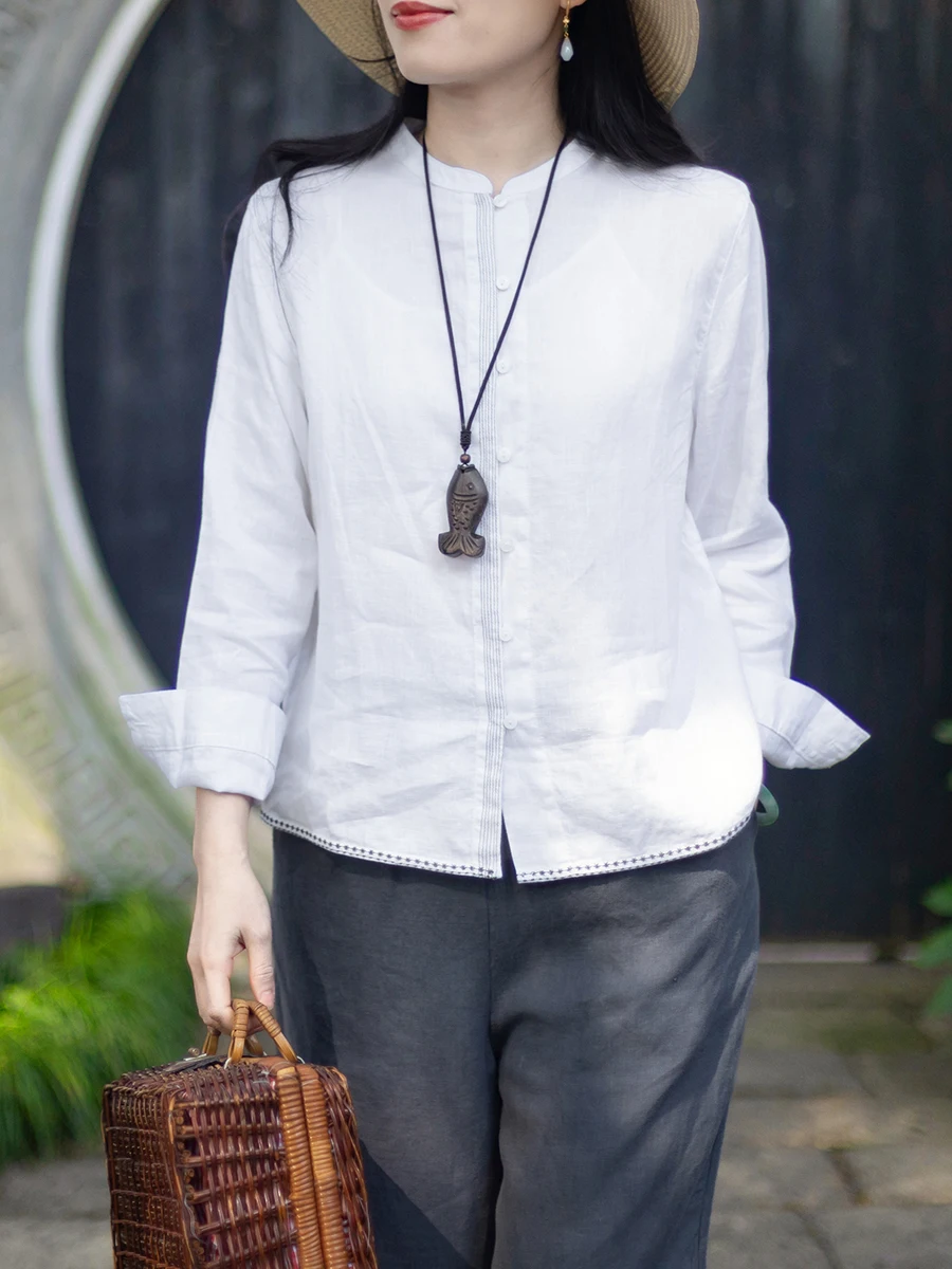 

Elegant Artistic White Long Sleeve Embroidered Han Hanma Shirt Women's Design Stand Collar Top Breathable Moisture Wicking Ca...