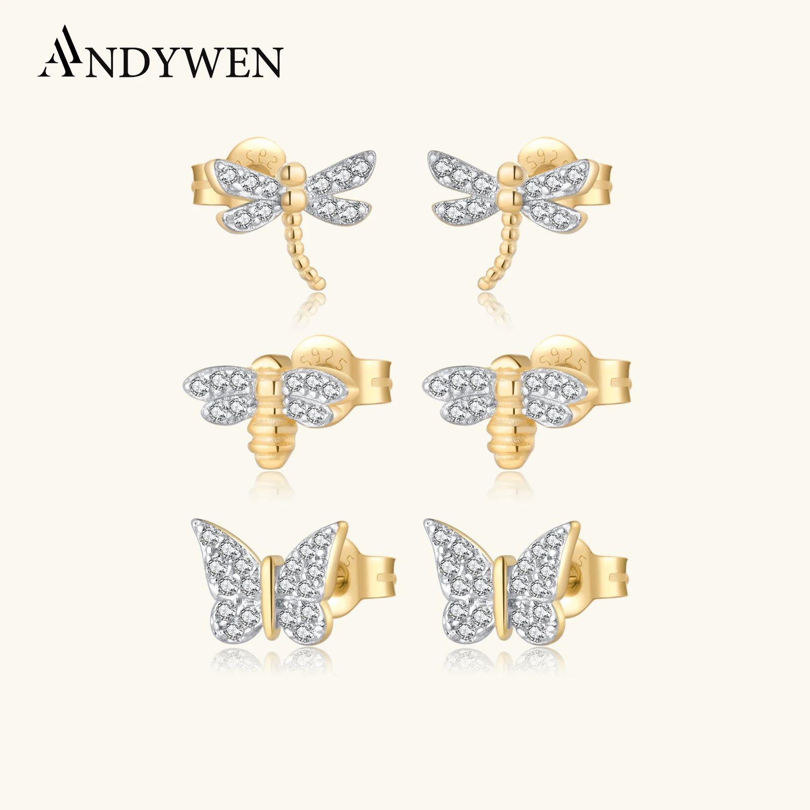 ANDYWEN 925 Sterling Silver Split Plating Butterfly Gold Animal Dragonfly Piercing Bees Pendientes Clips Fine Luxury Jewelry