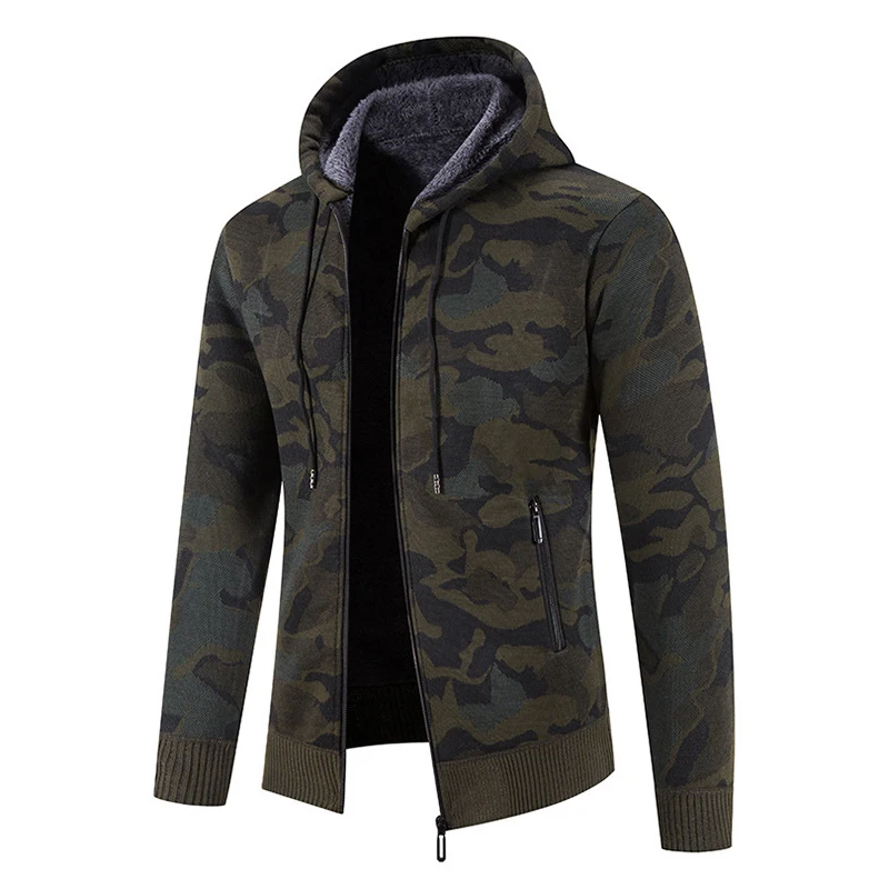 New Winter Men Jacket Plush Lined Thick Hooded Knit Cardigan Coat Solid/Camo Hip-hop Drawstring Casual Zipper Outerwear Tops