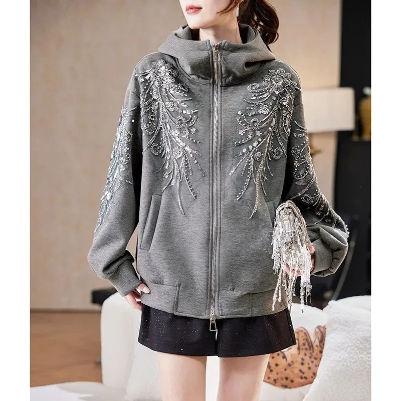 Fashion Flowers Embroidery Sequins Hooded Sweatshirt Jacket Autumn Floral Double Zipper Cardigan Long Sleeve Hoodies Coat Street