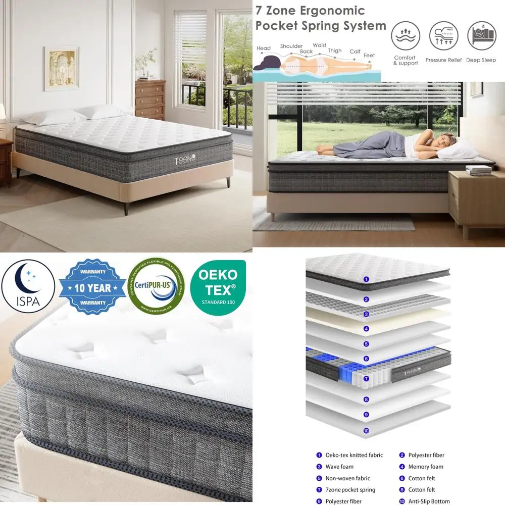 Queen Size 10 Inch Hybrid Mattress in a Box | Medium Firm Memory Foam with Pocket Springs | Sleep Comfort Technology