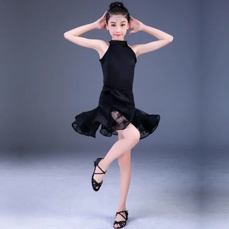 Robe de danse latine imprimée pour filles, jupe Salsa Rumba pour enfants et adolescents, justaucorps sans manches avec dentelle