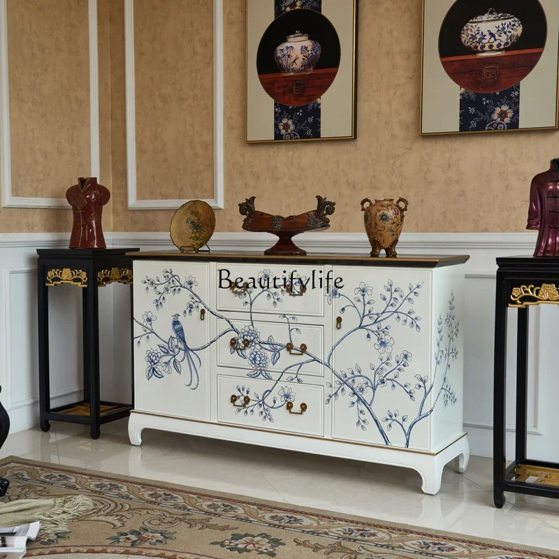 

09White New Chinese Style Living Room Painted Sideboard Villa Solid Oak Decorative Display Art Entrance Cabinet