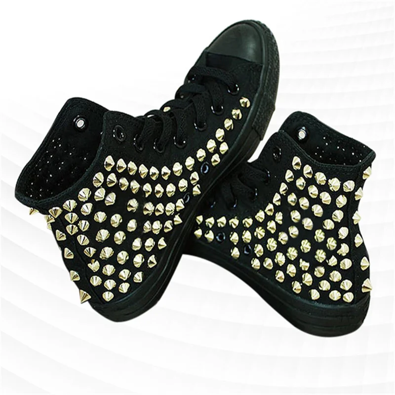 Hand-made original black high top riveted canvas shoes Hip hop punk show shoes men and women plus size casual shoes 35-46