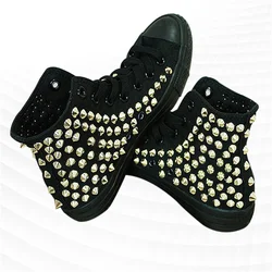 Hand-made original black high top riveted canvas shoes Hip hop punk show shoes men and women plus size casual shoes 35-46