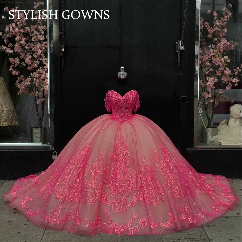 Vestido de quinceañera rosa de México con hombros descubiertos, vestido de baile de princesa con cuentas para dulces 16 apliques, vestidos de fiesta de cumpleaños y graduación