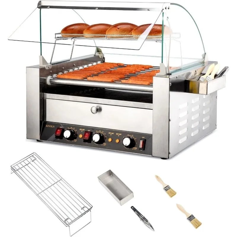 ROVSUN Hot Dog Roller Warmer 2000W, 11 Rollers 30 Hot Dog Roller Grill Cooker Machine w/Bun Warmer, Cover, Dual Temp Control,