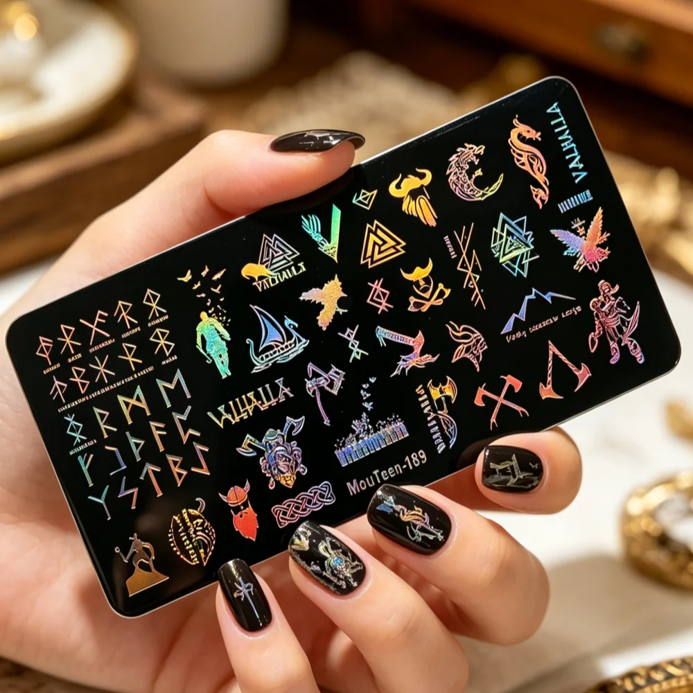 MouTeen189 Norse Mythology Nail Stamping Plate Nordic Rune Axe Ship Raven Nail Stamp Plate Symbol Warrior Dragon for Nails