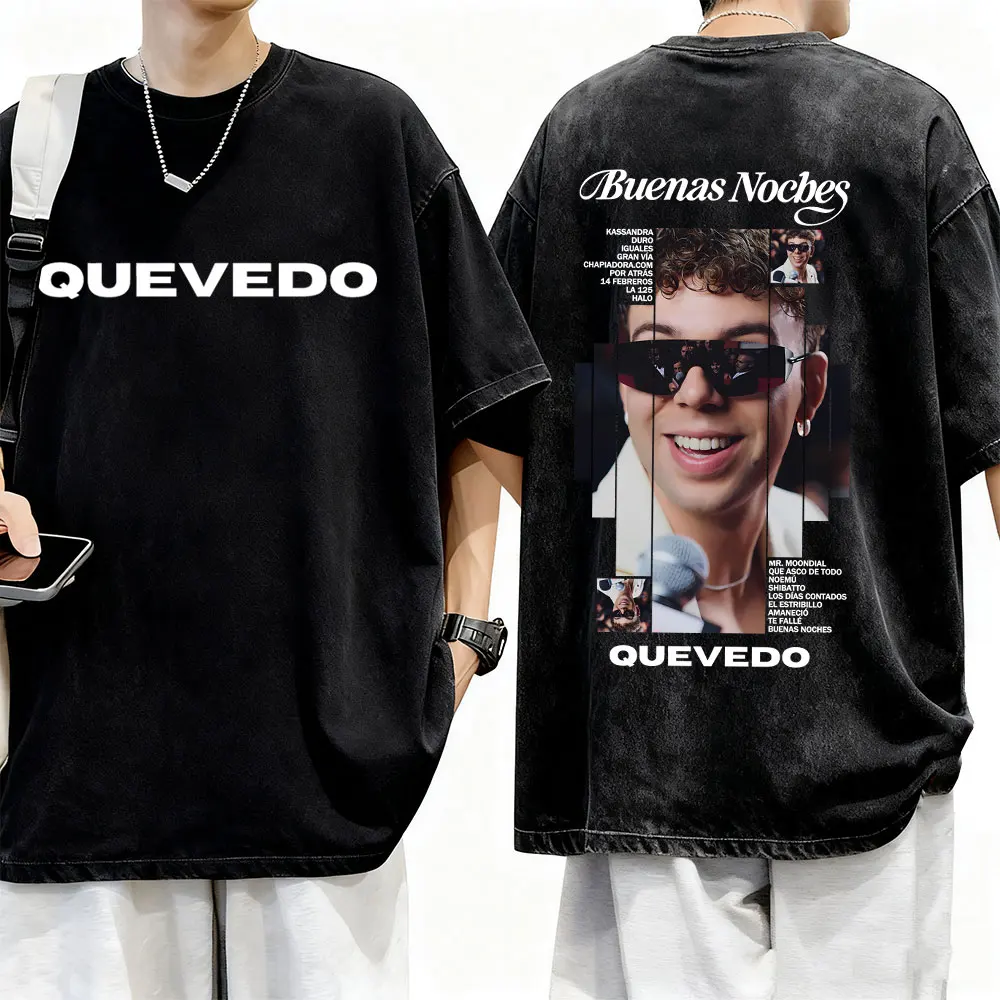 

Washed Vintage Rapper Quevedo Buenas Noches Album Graphic T-shirt Men Hip Hop Fashion Pop Music T Shirts Male Oversized T-shirts