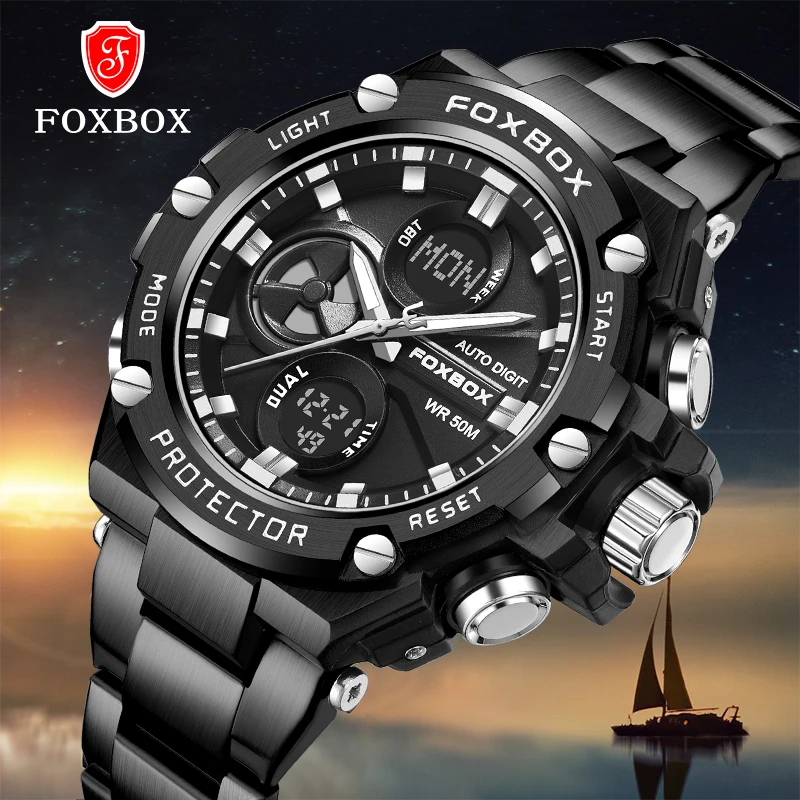 FOXBOX Top Brand Luxury Digital Sport Watch For Men Steel Waterproof Chronograph Clock Fashion Luminous Quartz Wrist watches Man