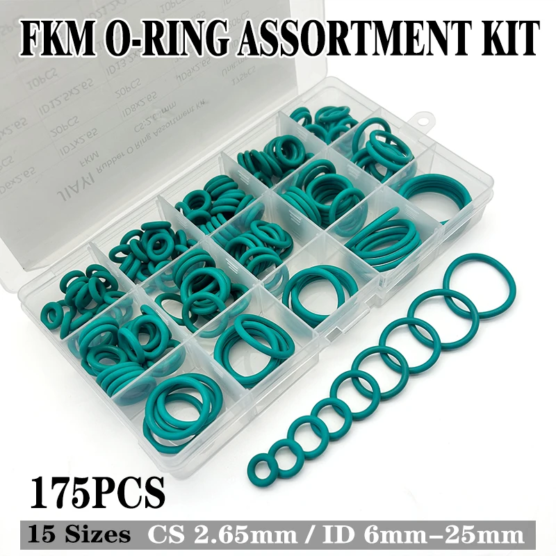 

175Pcs Green FKM Fluorine Rubber O-Ring Kit ID 6-25mmxCS 2.65mm High-Temp Chemical-Resistant Hydraulic Industrial Machinery Seal