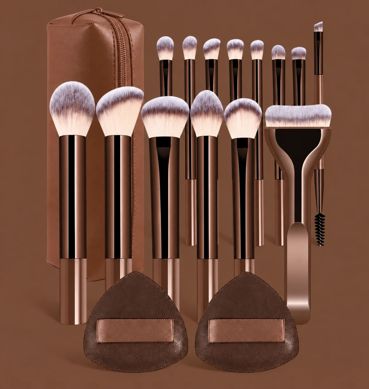 17Pcs Soft Synthetic Makeup Brush Set with 2 Triangle Powder Puff Foundation Blush Contour Eyeshadow Brow Brush for Professional