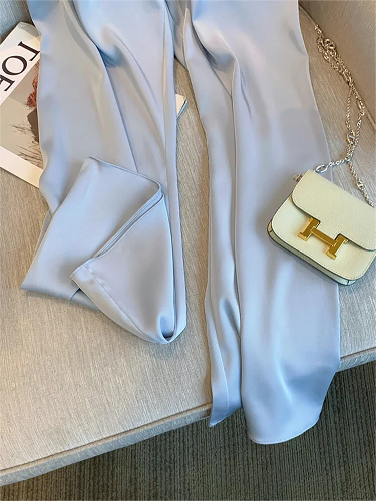 Blue Silk Charmeuse Loose Casual Pants Draped Lightweight Summer Fren Pants Straightleggings Belted Loose Fit