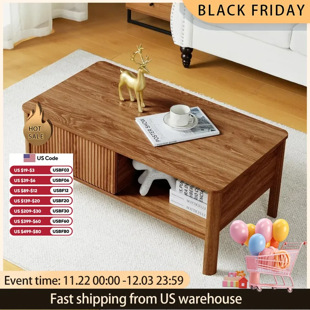 Coffee Table with Dual Storage Shelf, Storage Center Coffee Tables with Waveform Panel Sliding Door Dining Table for Living Room