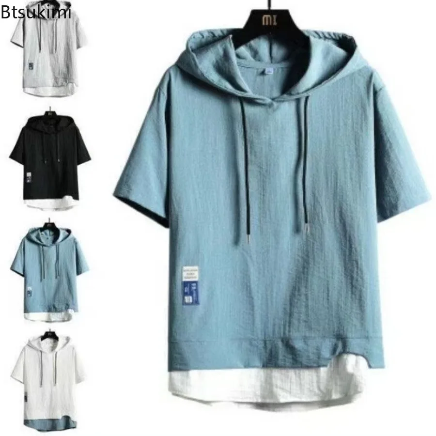 

2024 Men's Short Sleeve Hoodies T-shirt Fashion Patchwork Summer Ice Silk Casual Loose Tops Japanese Style Sweatshirt Young Teen