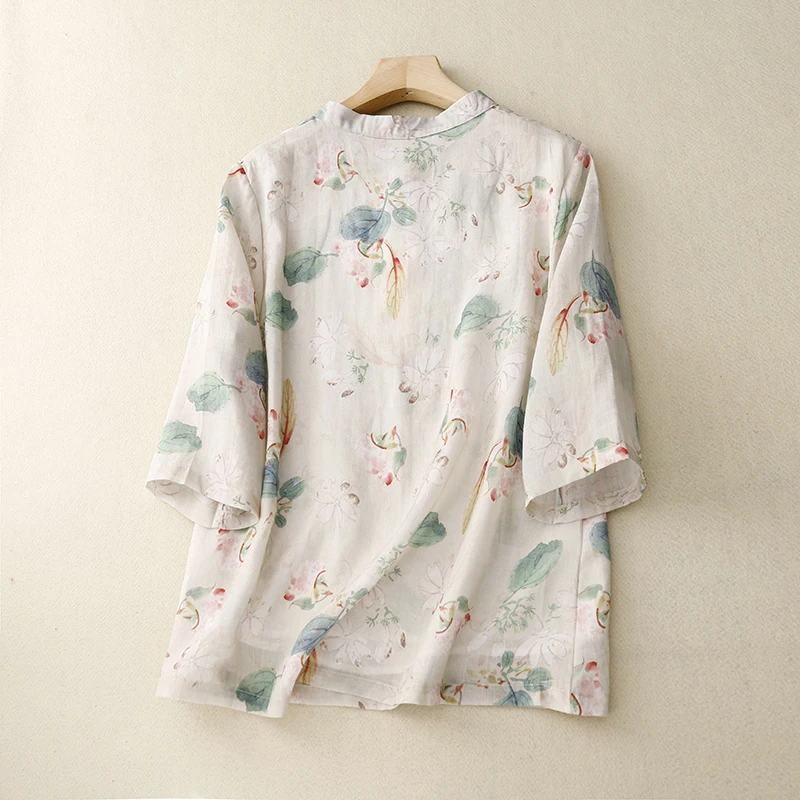 신상 중국 스타일 여성 봄 여름 플로럴 프린트 린넨 칼라 스탠드업 빈티지 티셔츠 스윗 슬레 루즈핏 파이브 스타일