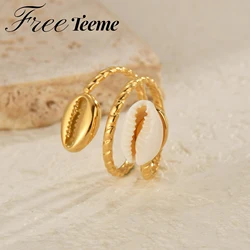 Freeteeme New Layered Wrap Shell Ring for Men Women Stainless Steel Open Size Gold Color Couple Ring Punk Jewelry Christmas Gift